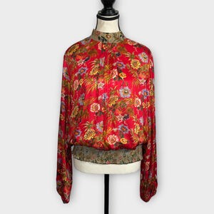 Nikasha Top MEDIUM Red Floral Mock Neck Puff Sleeve Smocked Waist Neck Tie EUC